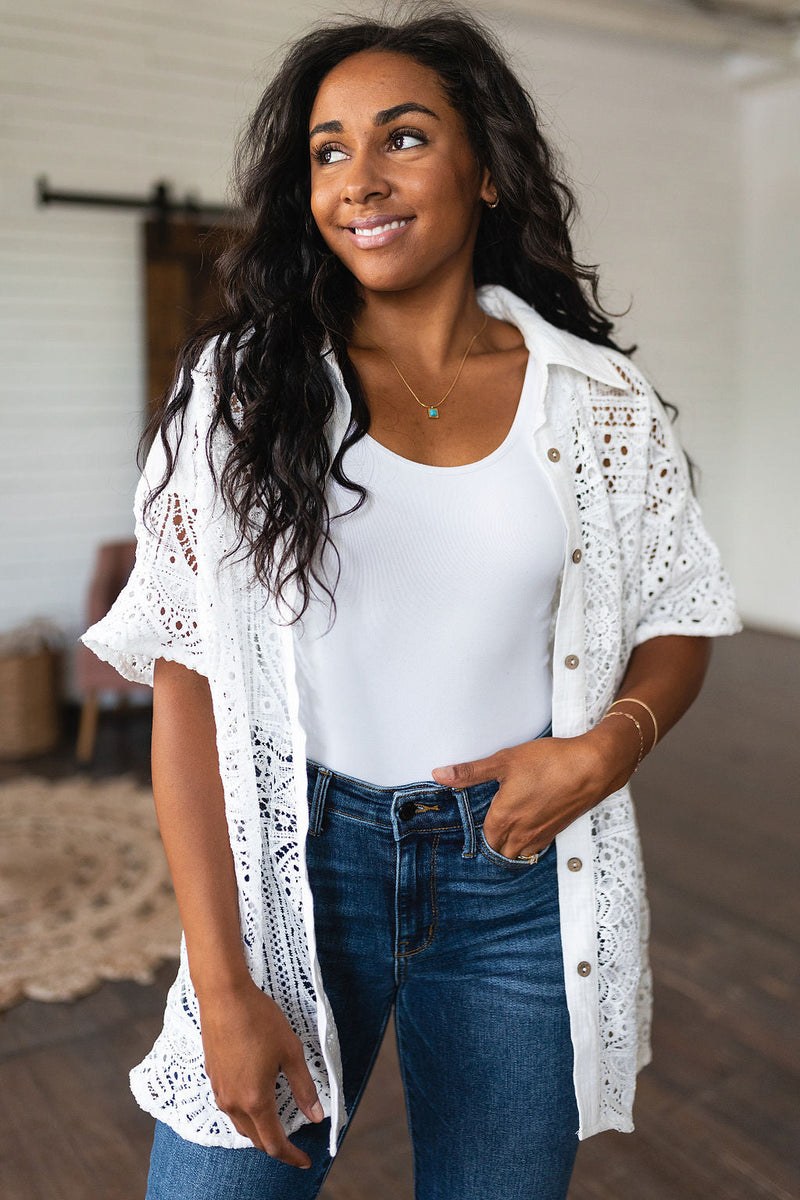 Hazel Blues® |  Head in the Clouds Lace Button Down