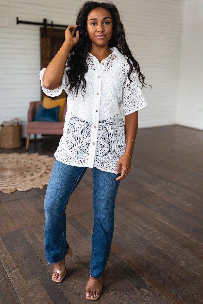 Hazel Blues® |  Head in the Clouds Lace Button Down