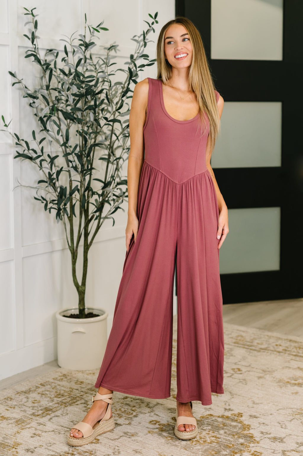 Hazel Blues® |  Head to Toe Whoa Gathered Wide Leg Jumpsuit in Mauve