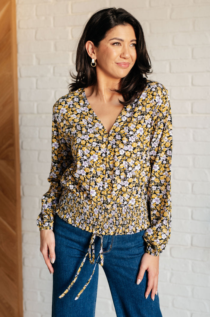 Hazel Blues® |  Honey Honey Floral Smocked Blouse in Black