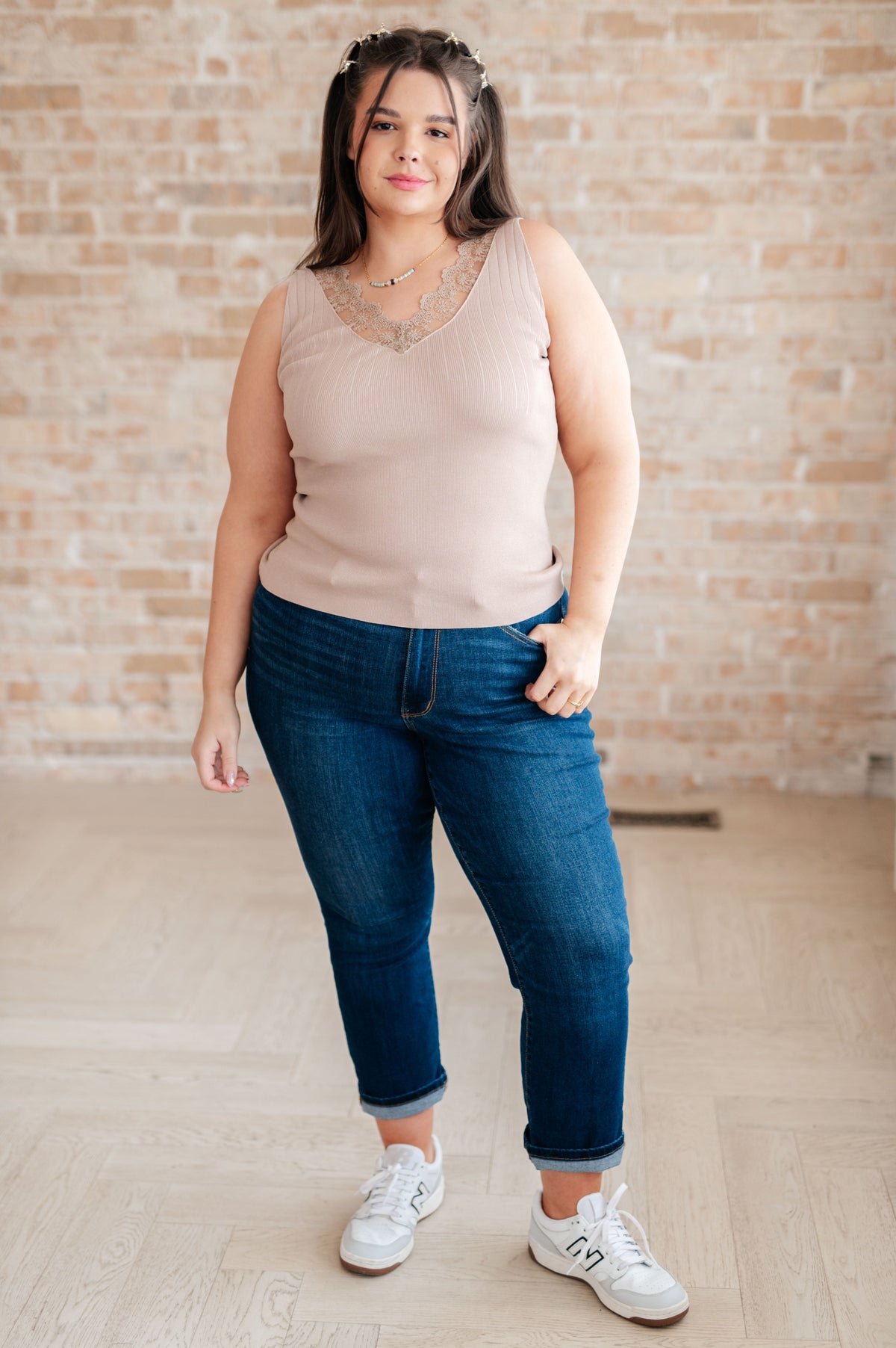 Hazel Blues® |  I Can Love You Better Lace Tank in Taupe