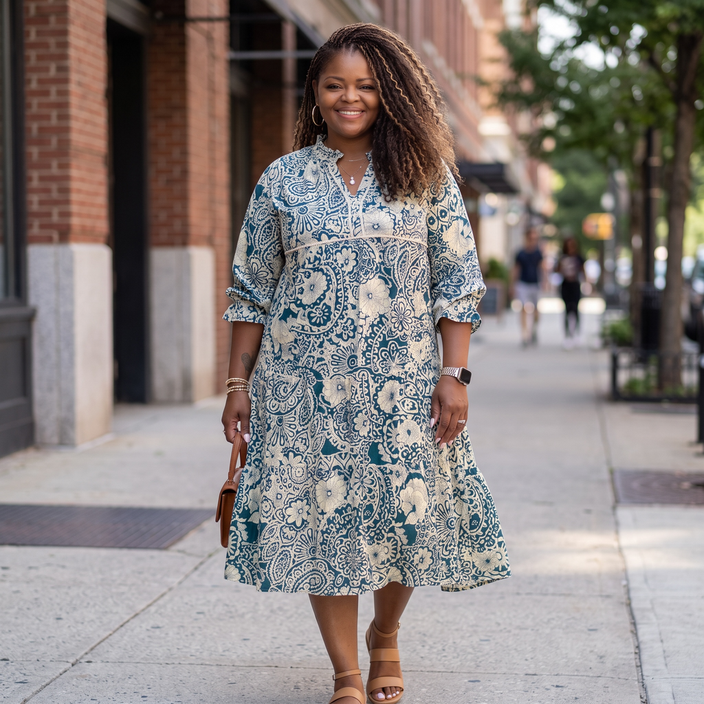 Women's Peacock Print Tiered Midi Dress With 3/4 Sleeves
