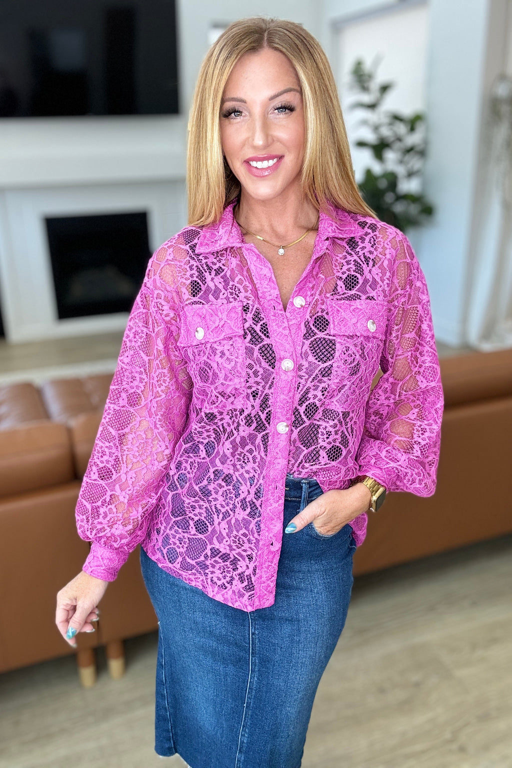 Hazel Blues® |  Stick Together Lace Button Up in Magenta