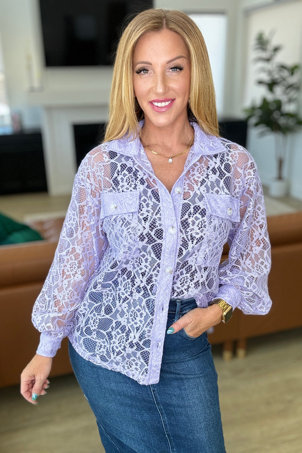 Hazel Blues® |  Stick Together Lace Button Up in Lavender