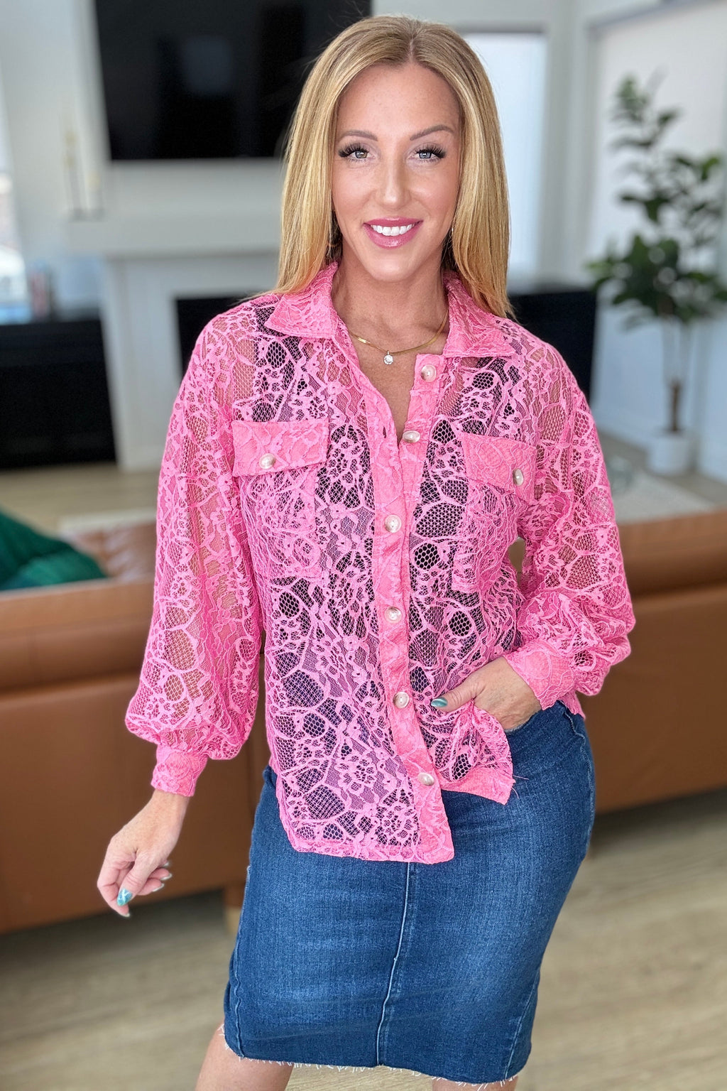 Hazel Blues® |  Stick Together Lace Button Up in Pink Cosmos