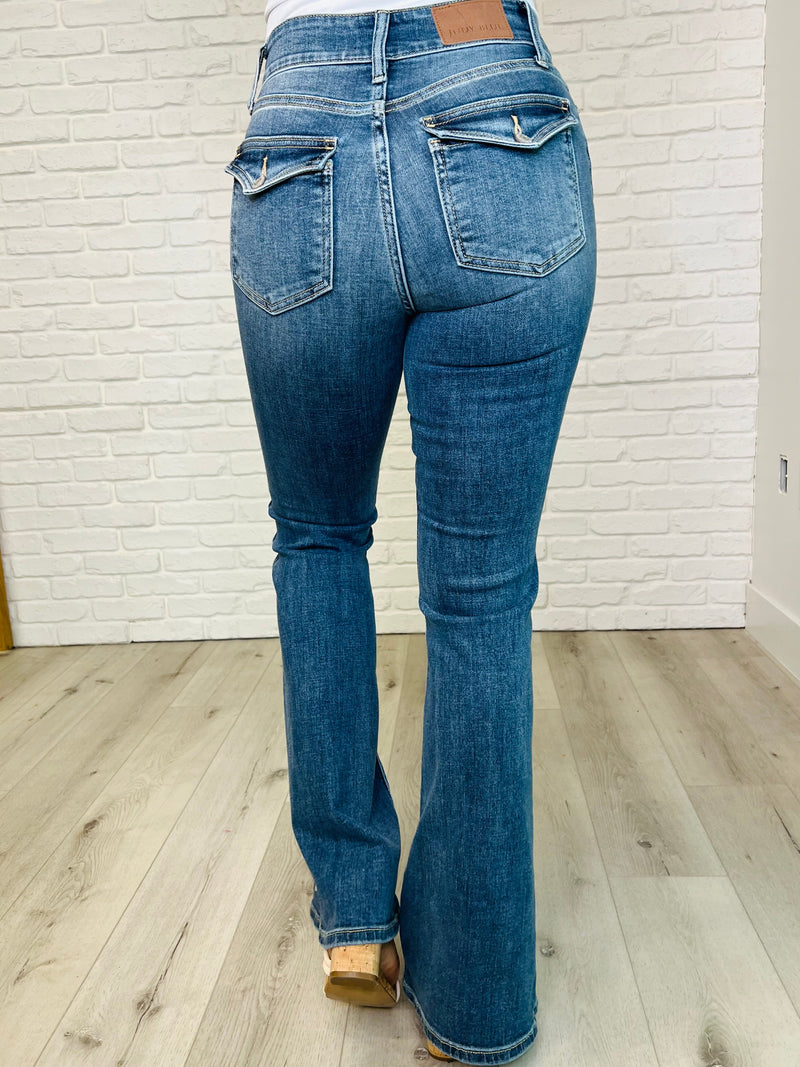 Hazel Blues® |  Ariana High Rise Double Button Waistband Flare Jeans