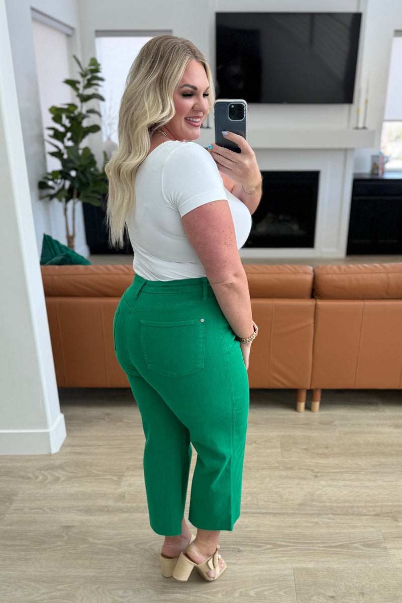 Hazel Blues® |  Lisa High Rise Control Top Wide Leg Crop Jeans in Kelly Green