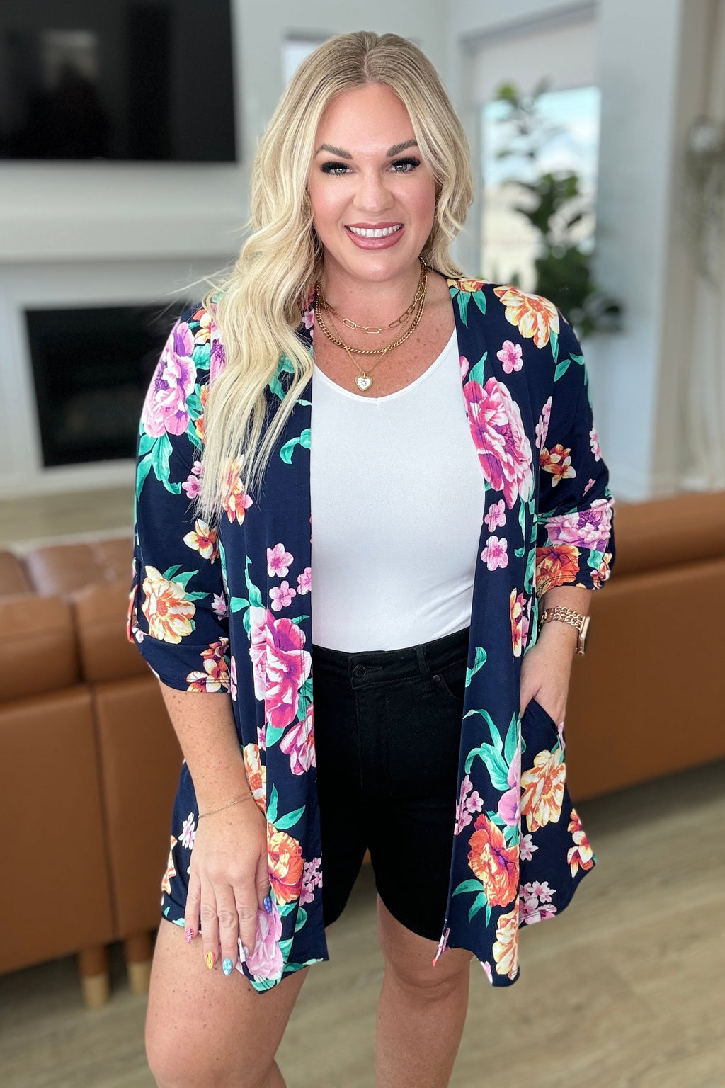 Hazel Blues® |  Lizzy Cardigan in Navy and Lavender Bouquet