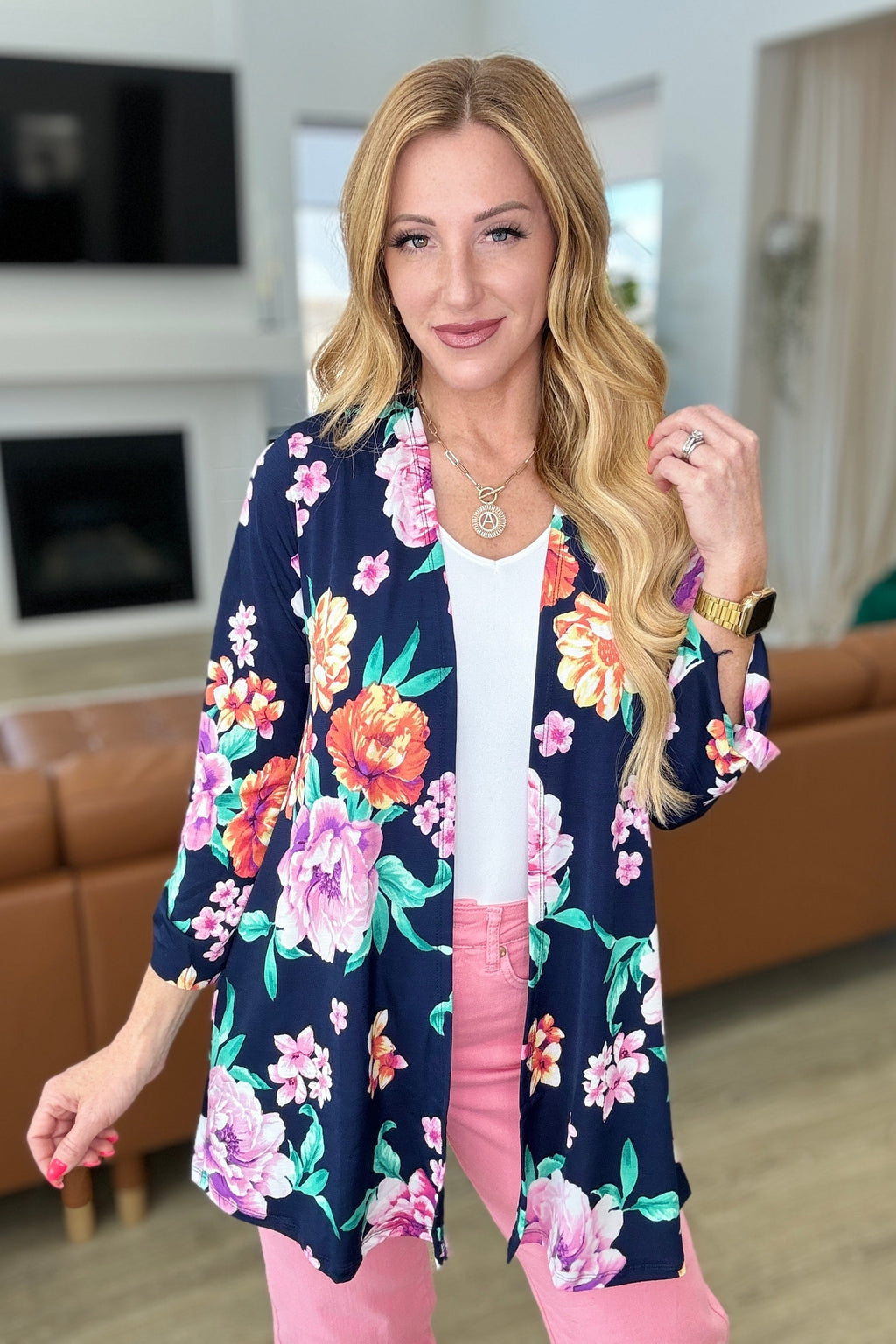 Hazel Blues® |  Lizzy Cardigan in Navy and Lavender Bouquet