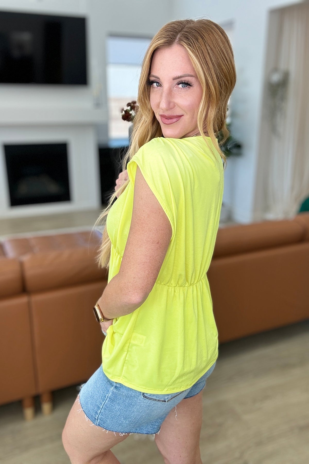 Hazel Blues® |  Rhea Peplum Top in Neon Yellow