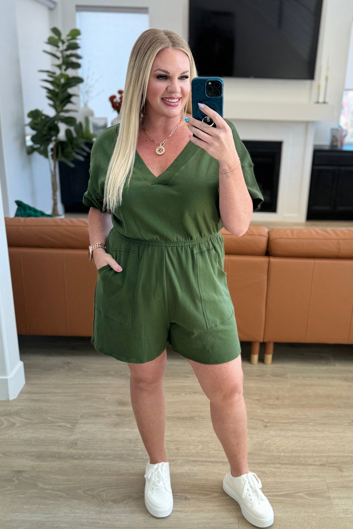 Hazel Blues® |  Short Sleeve V-Neck Romper in Army Green