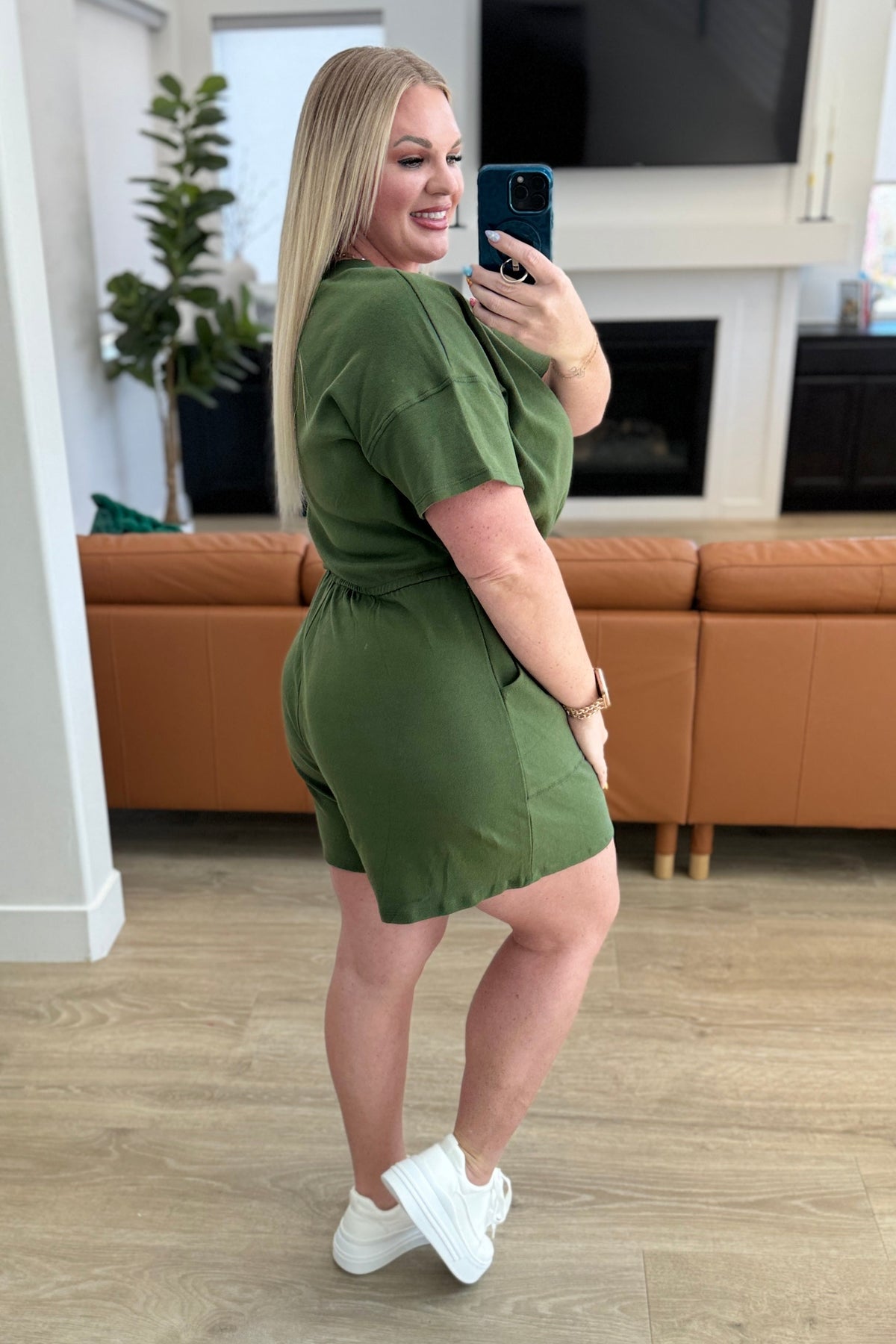 Hazel Blues® |  Short Sleeve V-Neck Romper in Army Green