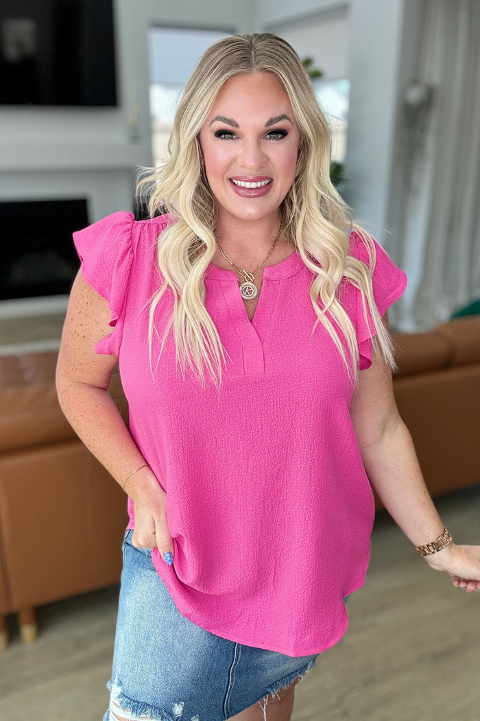 Hazel Blues® |  Crinkle Split Neckline Flutter Sleeve Top in Hot Pink