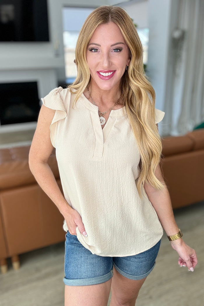 Hazel Blues® |  Crinkle Split Neckline Flutter Sleeve Top in Taupe