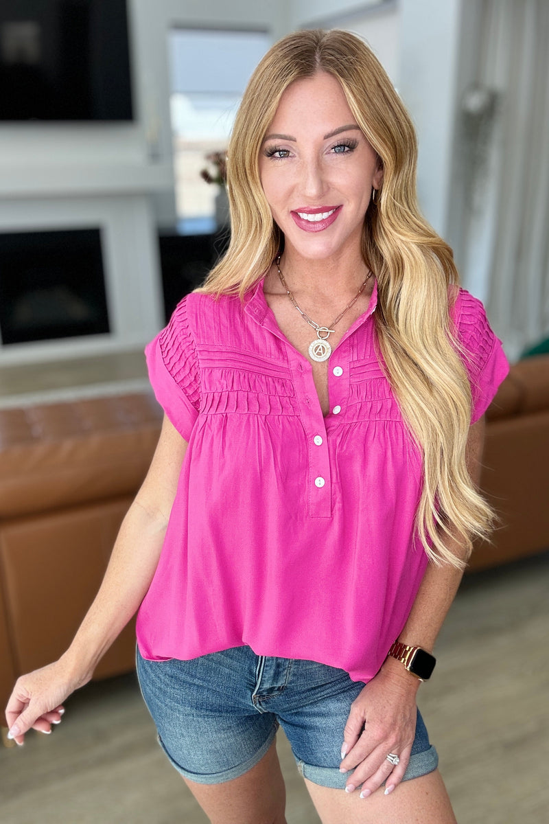 Hazel Blues® |  Pleat Detail Button Up Blouse in Hot Pink