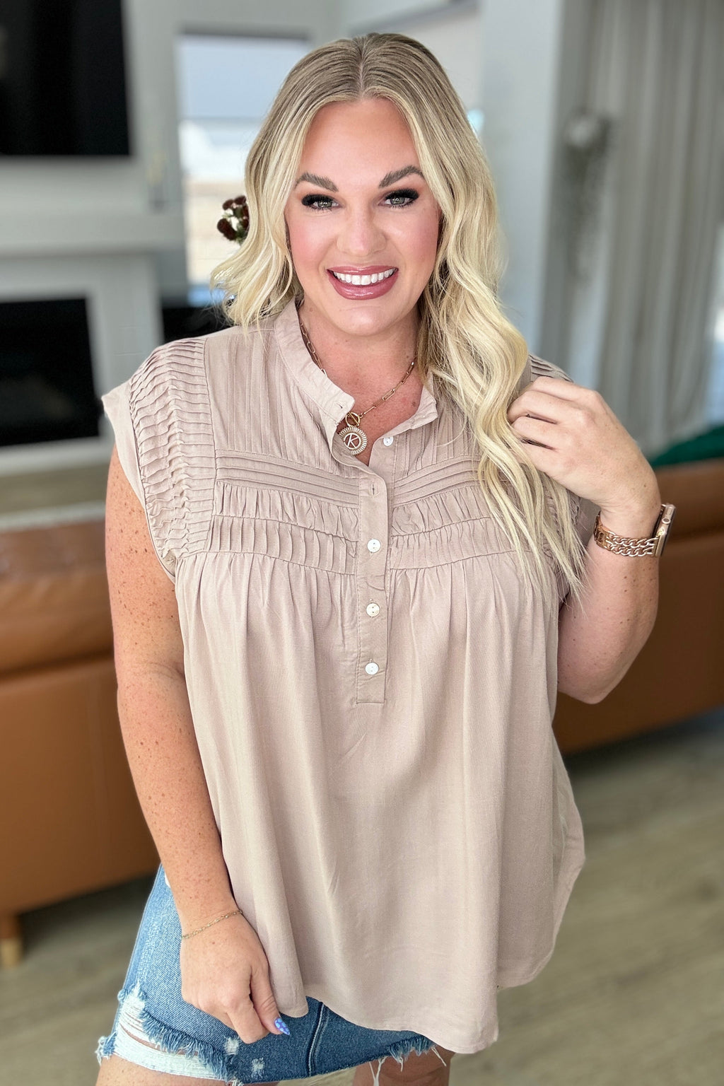 Hazel Blues® |  Pleat Detail Button Up Blouse in Taupe