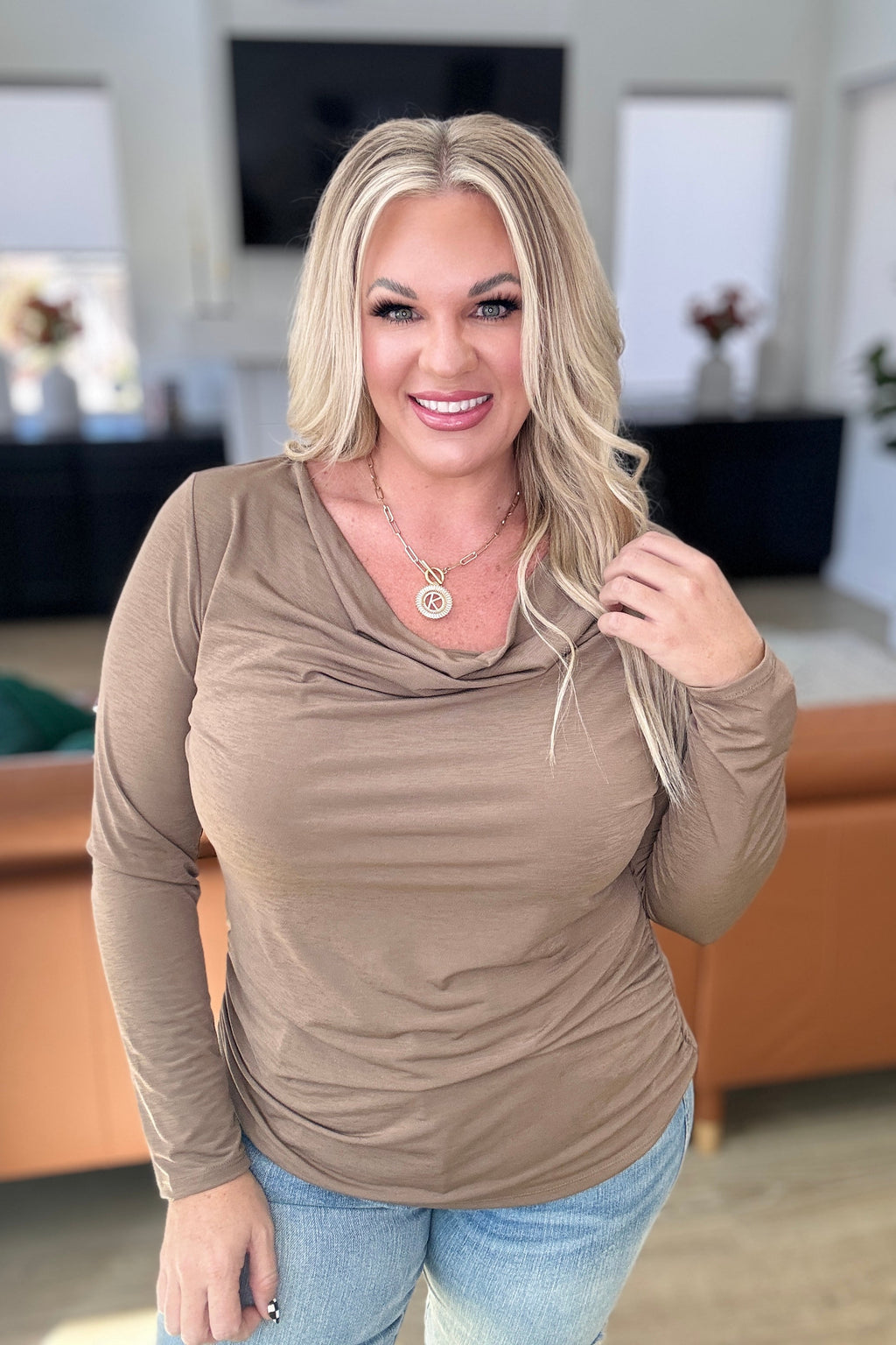 Hazel Blues® |  Ruched Cowl Neck Top in Mocha