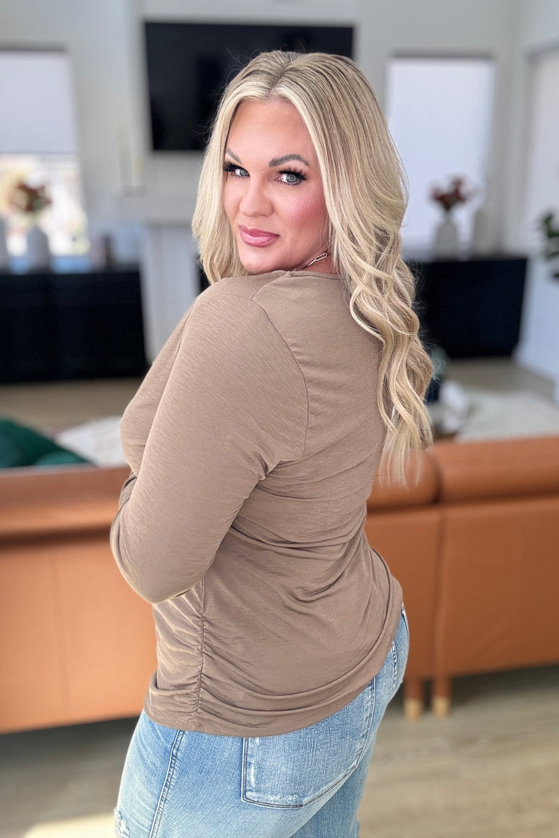 Hazel Blues® |  Ruched Cowl Neck Top in Mocha