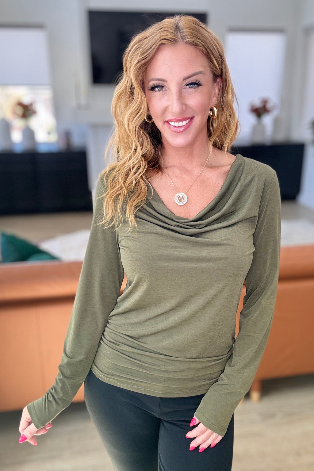 Hazel Blues® |  Ruched Cowl Neck Top in Olive