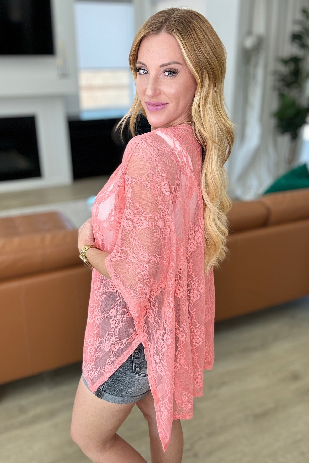 Hazel Blues® |  Good Days Ahead Lace Kimono In Coral