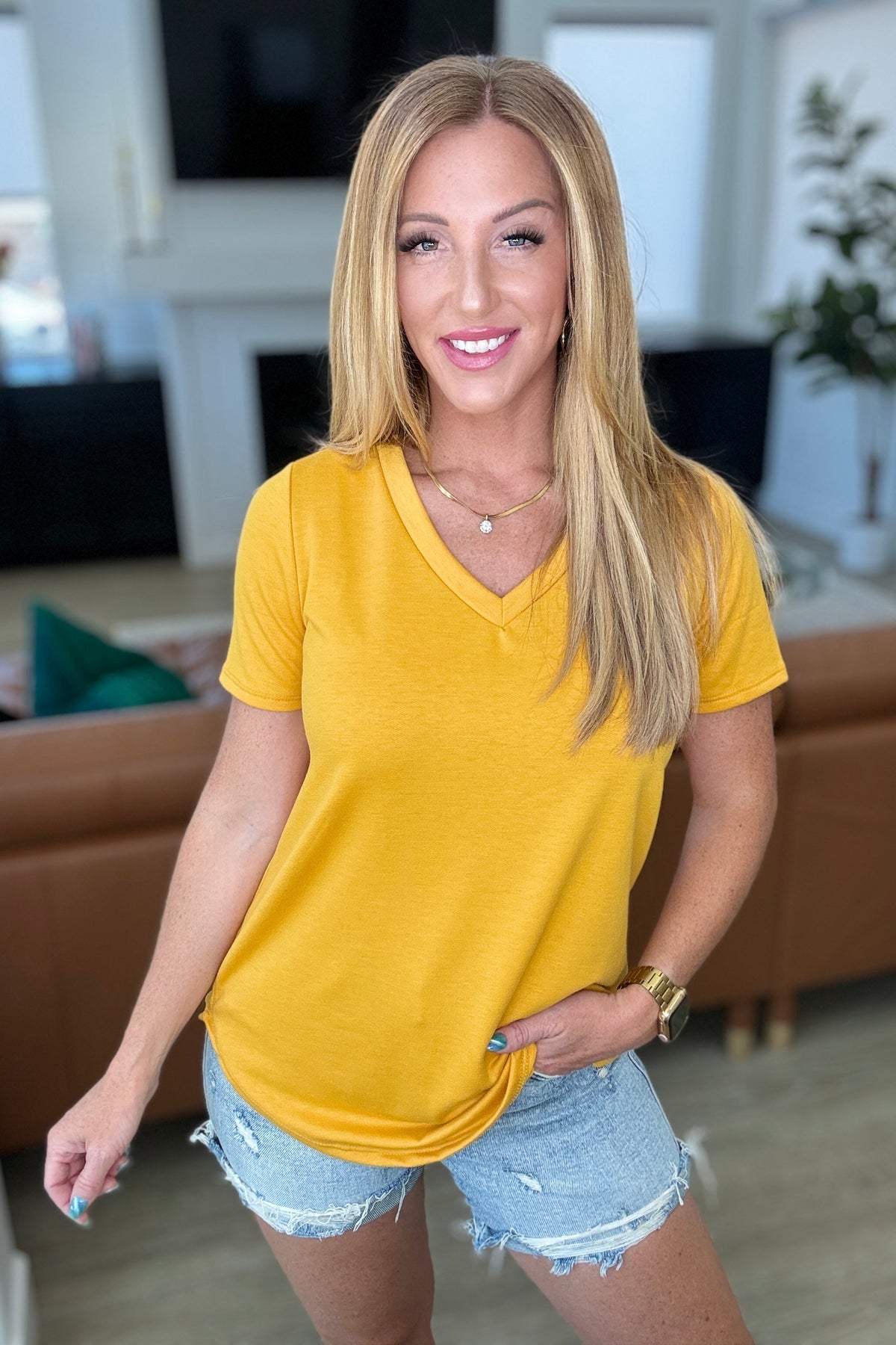 Hazel Blues® |  Heart and Soul V-Neck Top in Mustard