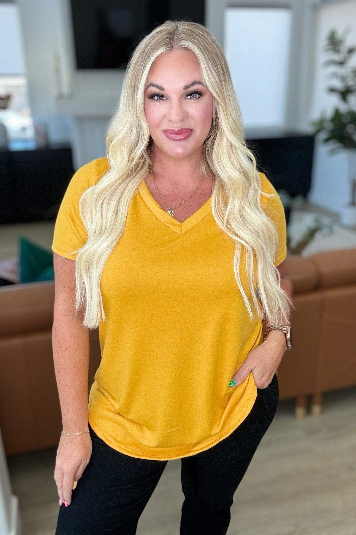 Hazel Blues® |  Heart and Soul V-Neck Top in Mustard