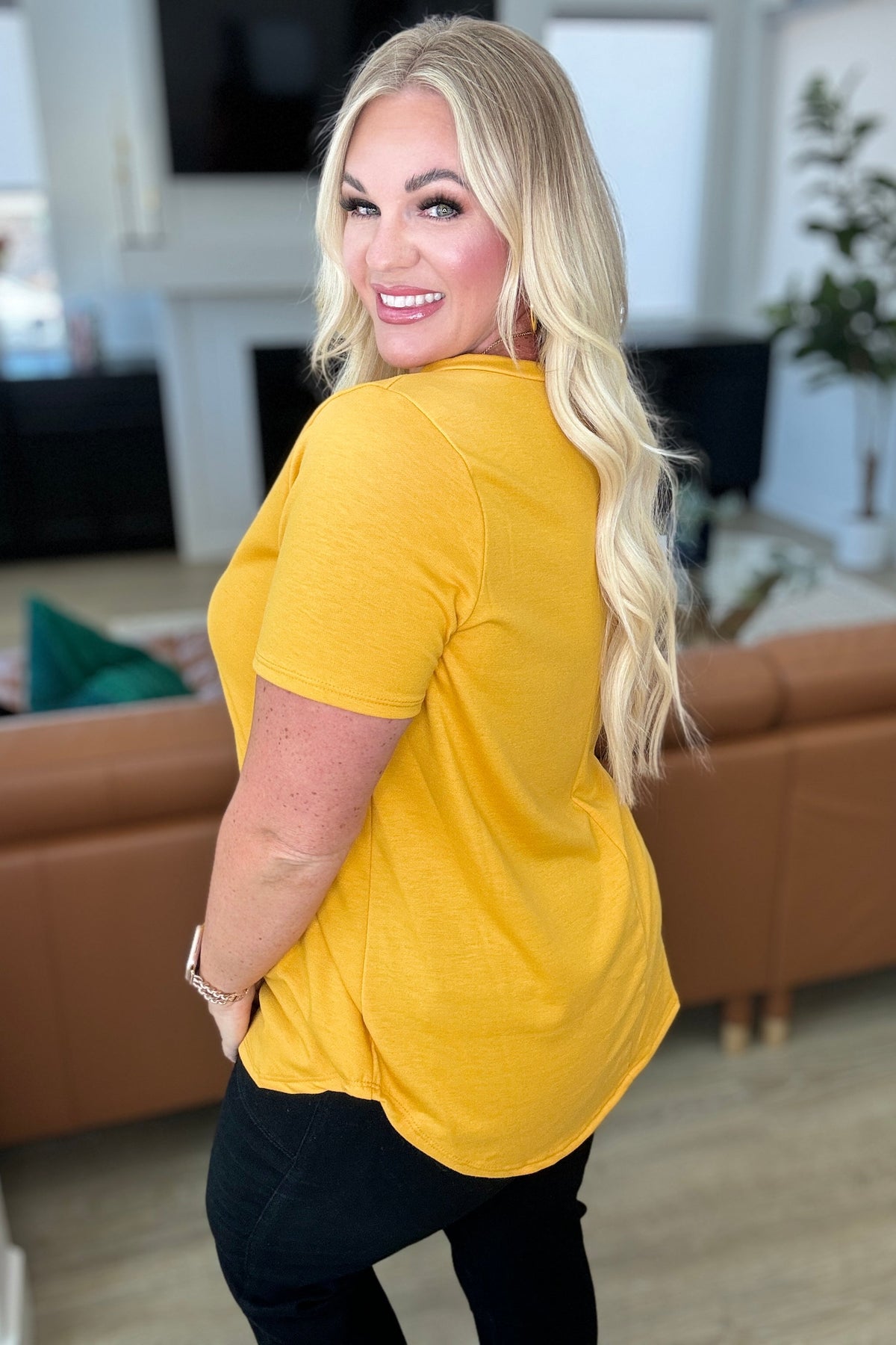 Hazel Blues® |  Heart and Soul V-Neck Top in Mustard