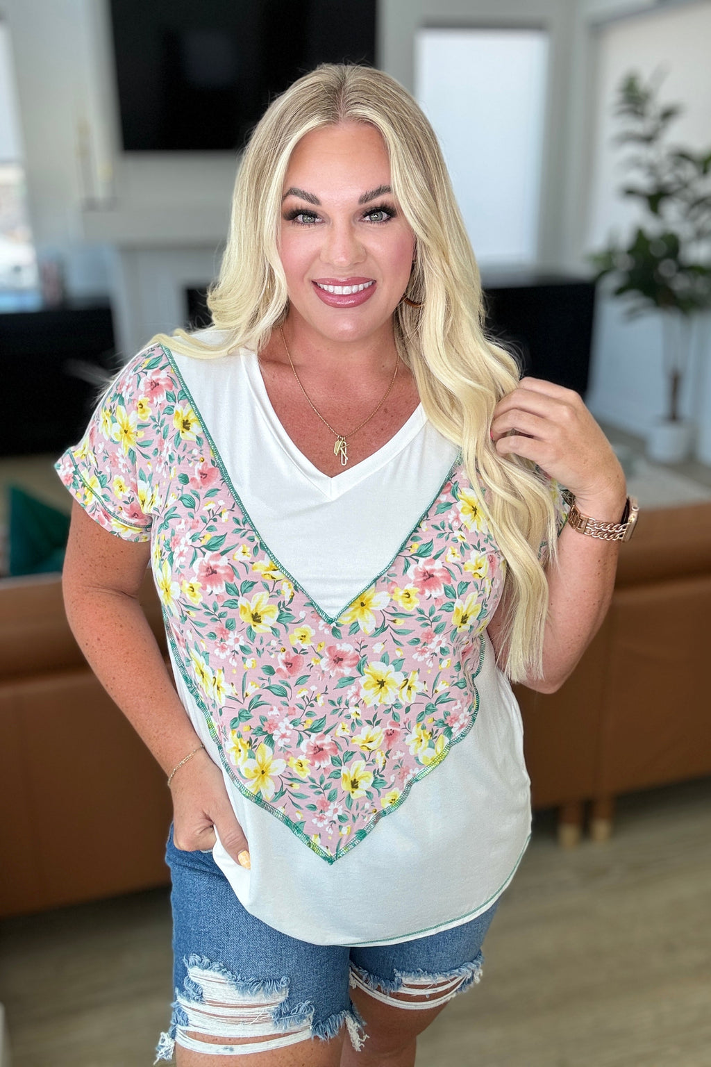 Hazel Blues® |  To Rock a Rhyme Color Block Top in Pink Floral