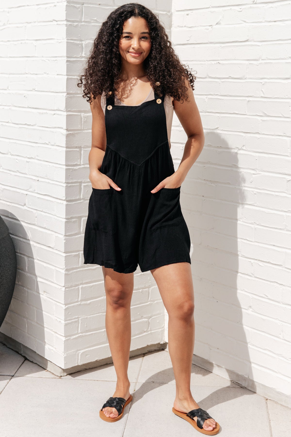 Hazel Blues® |  I Want You Back Linen Blend Shortalls in Black