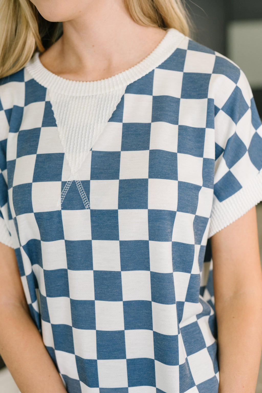 Hazel Blues® |  I've Been Everywhere Crew Neck Checkered Top in Blue