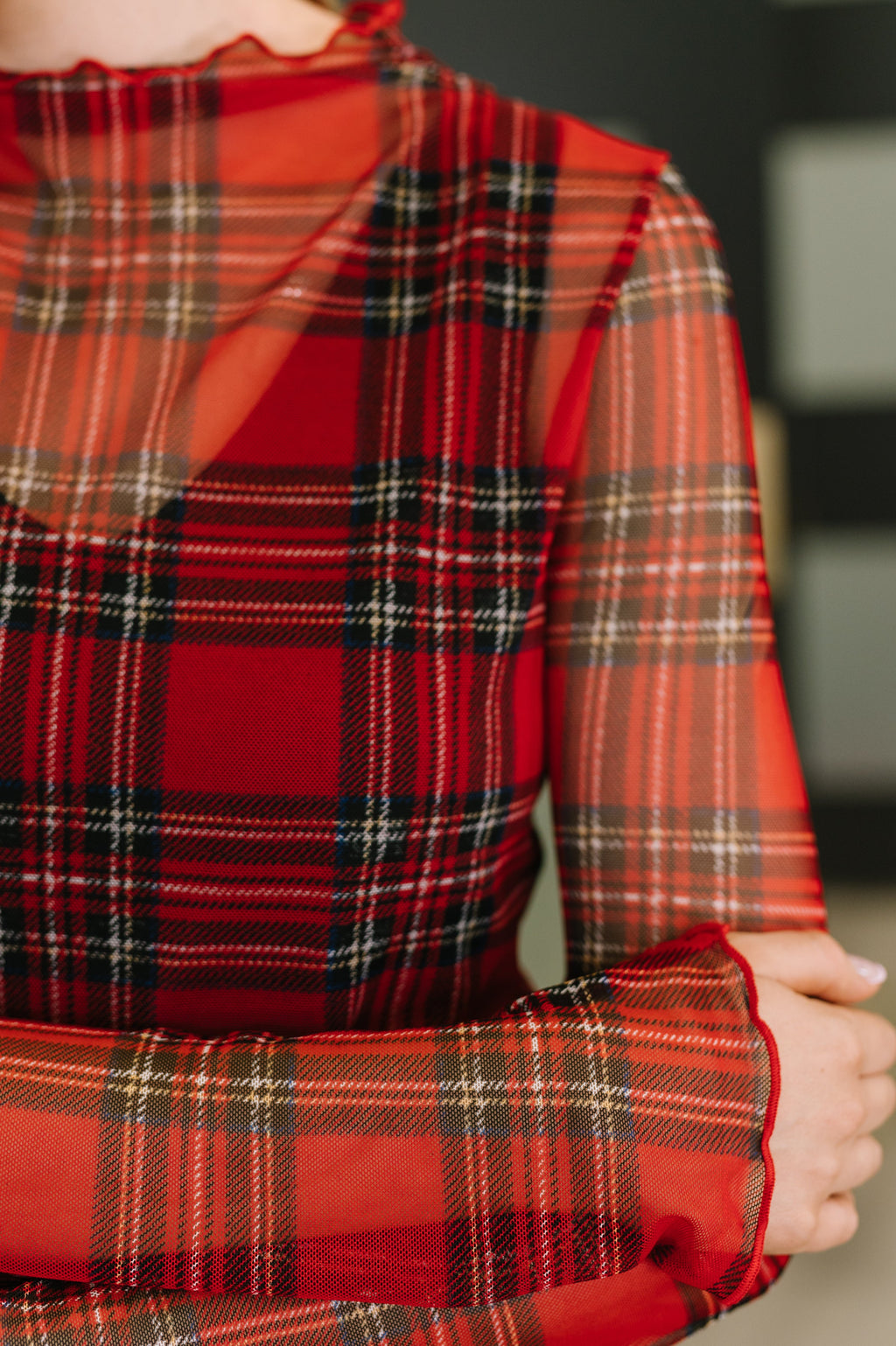 Hazel Blues® |  In the Present Plaid Mesh Layering Top in Red