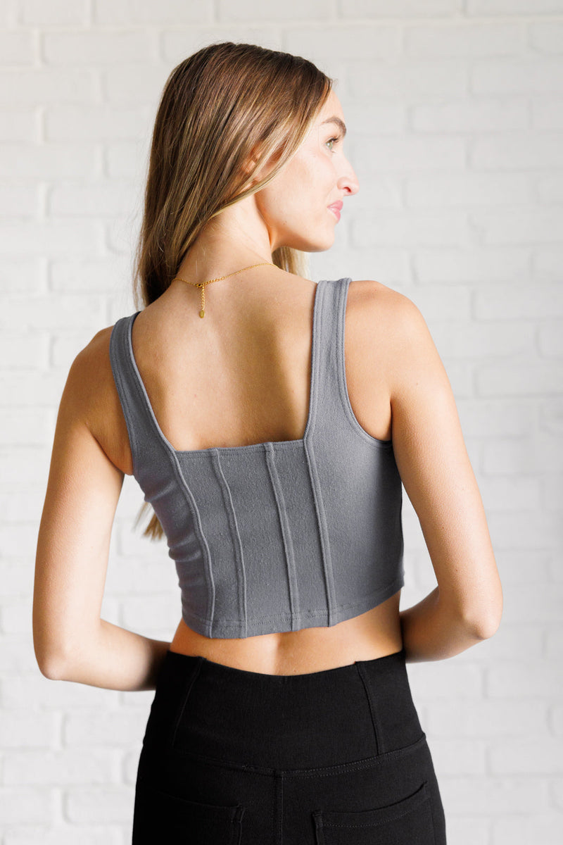 Hazel Blues® |  It's All About the Balance Twill Square Neck Crop Top in Titanium