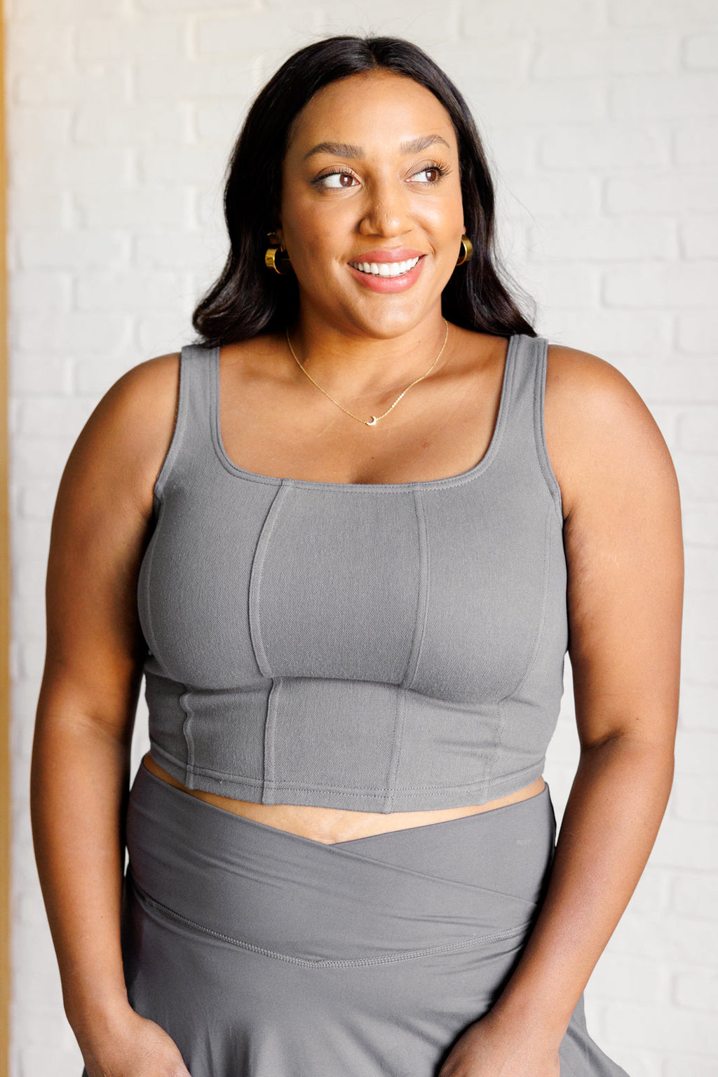 Hazel Blues® |  It's All About the Balance Twill Square Neck Crop Top in Titanium