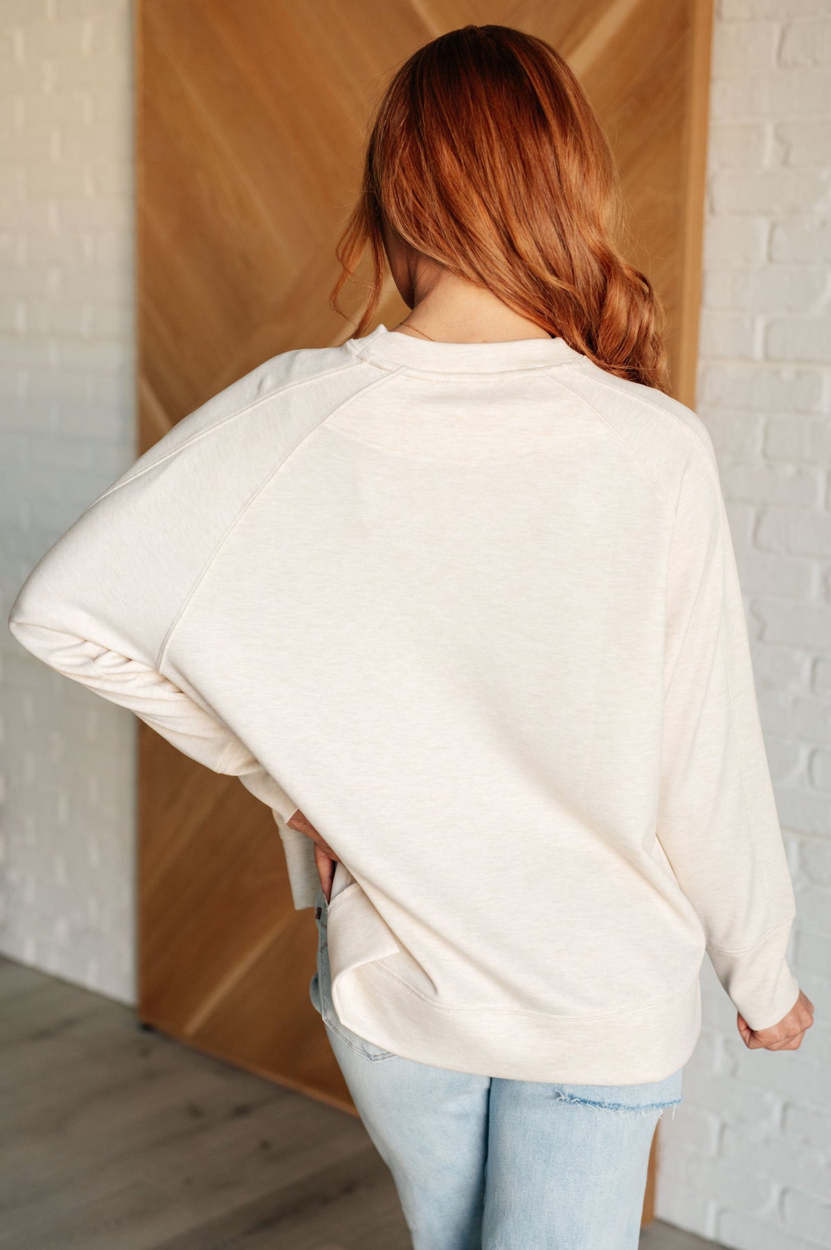 Hazel Blues® |  It's The Little Things Relaxed Scuba Pullover in Beige