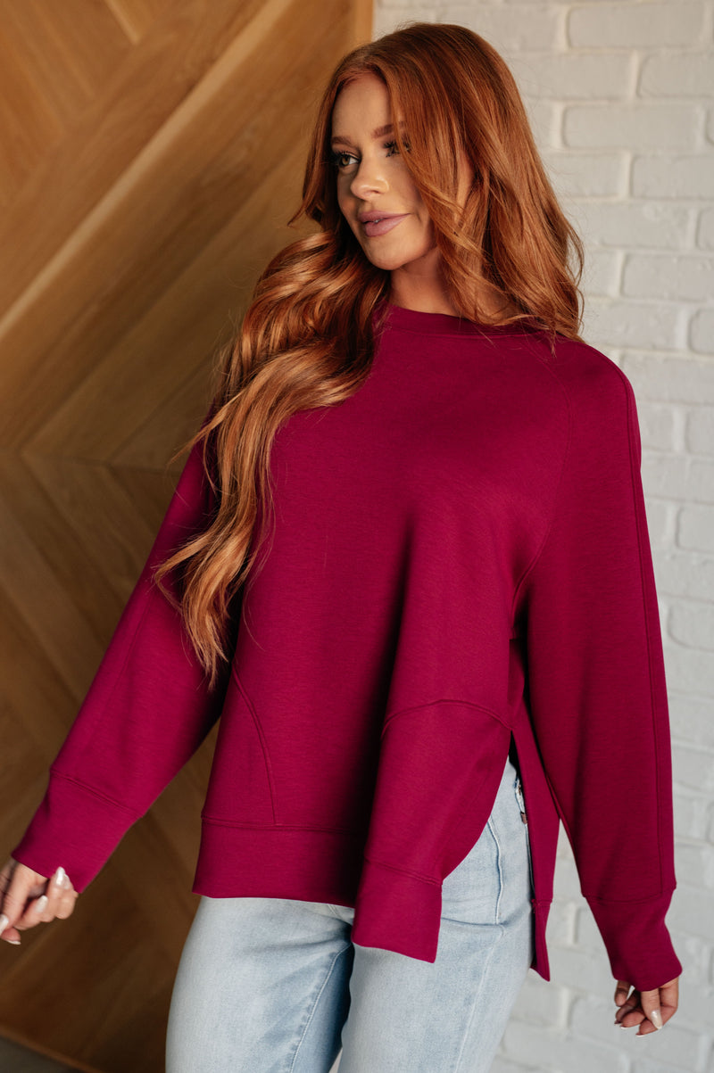 Hazel Blues® |  It's The Little Things Relaxed Scuba Pullover in Cabernet