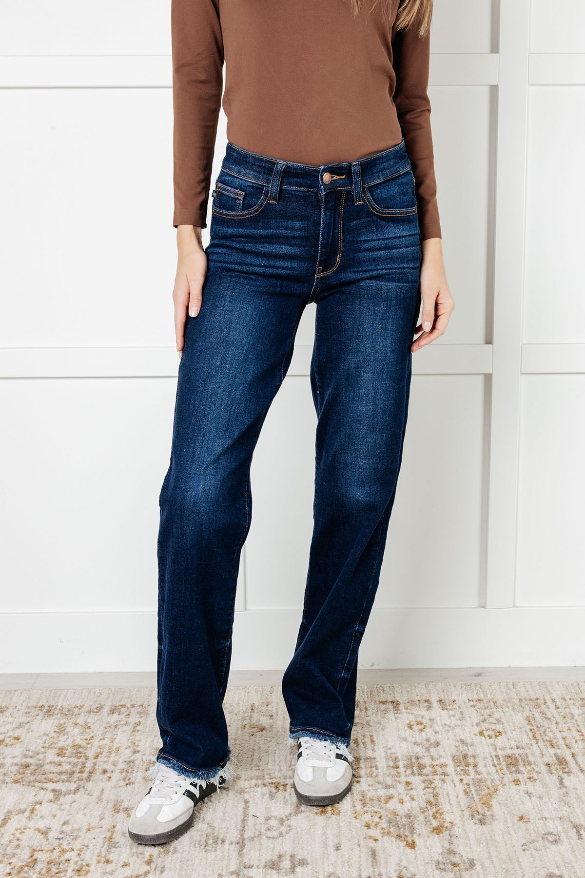 Hazel Blues® |  Jacqueline Mid Rise Frayed Hem Straight Leg Jean