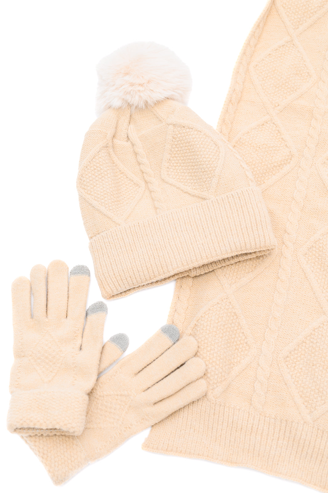 Hazel Blues® |  Jane Frost Beanie, Glove, and Scarf Set in Beige