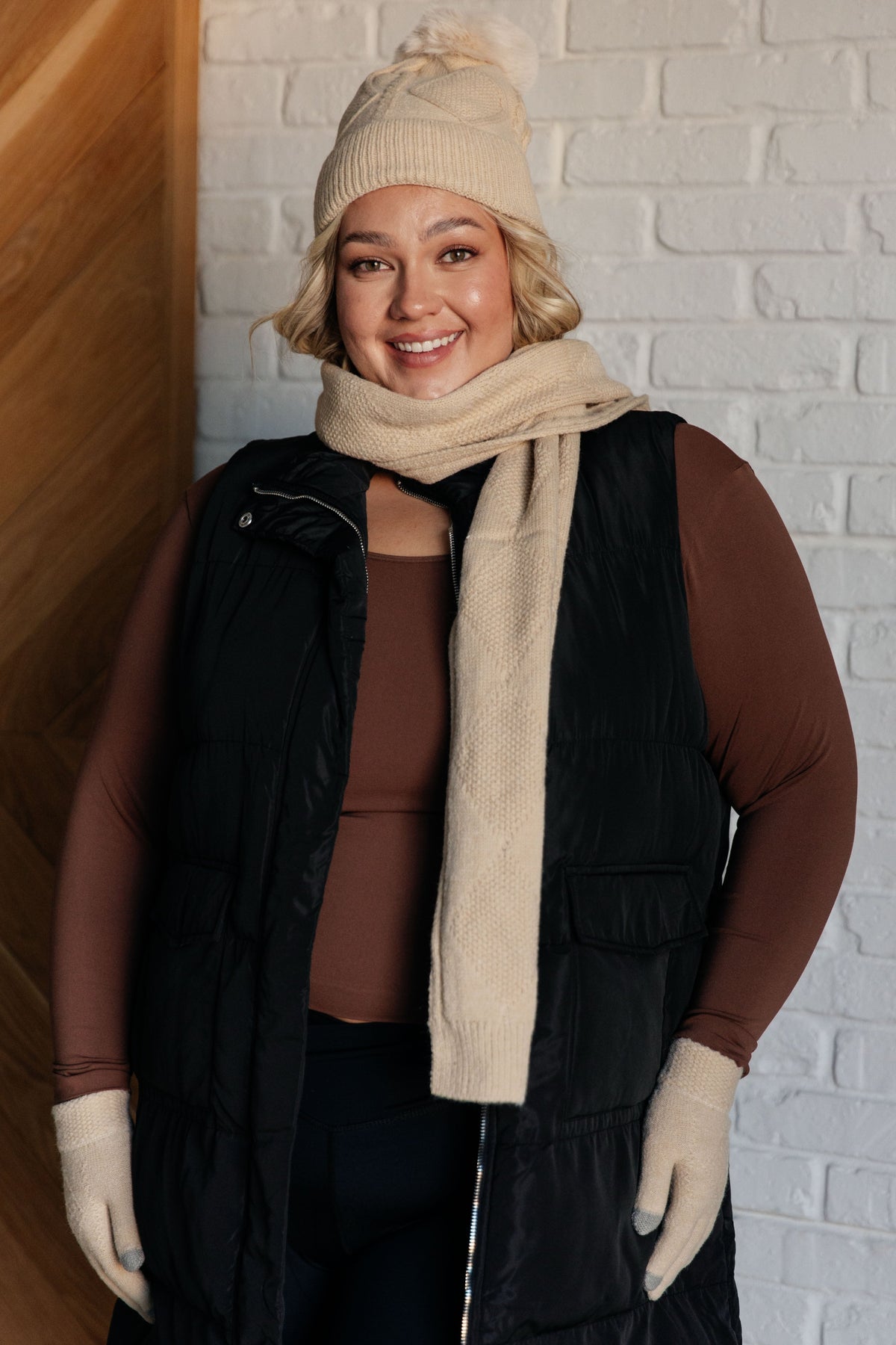 Hazel Blues® |  Jane Frost Beanie, Glove, and Scarf Set in Beige