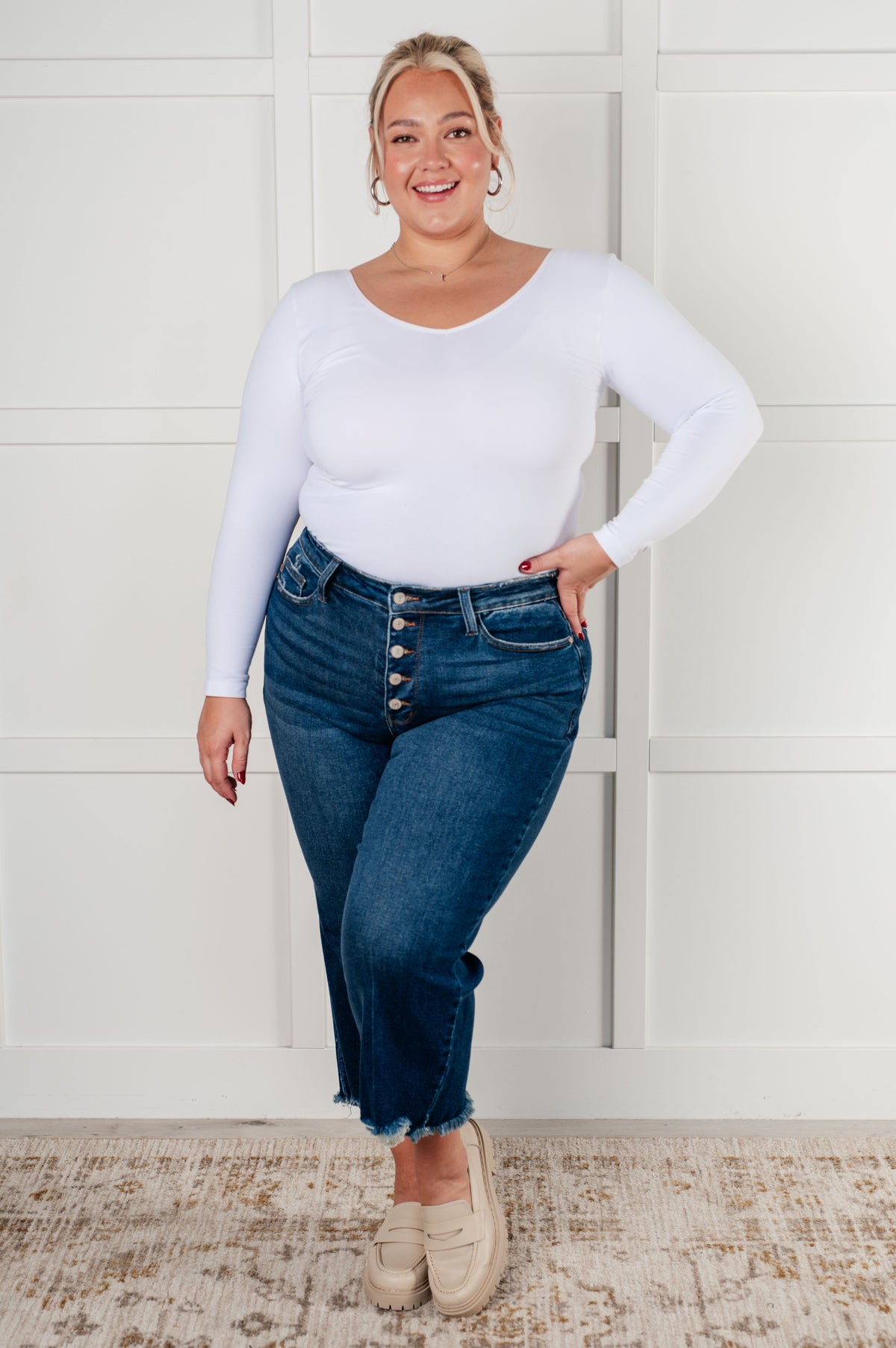 Hazel Blues® |  Janice High Rise Button Fly Wide Leg Crop Jeans