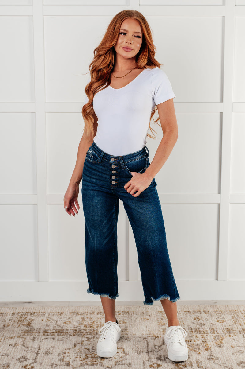 Hazel Blues® |  Janice High Rise Button Fly Wide Leg Crop Jeans