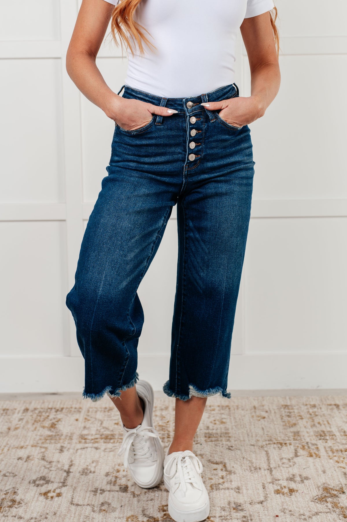 Hazel Blues® |  Janice High Rise Button Fly Wide Leg Crop Jeans