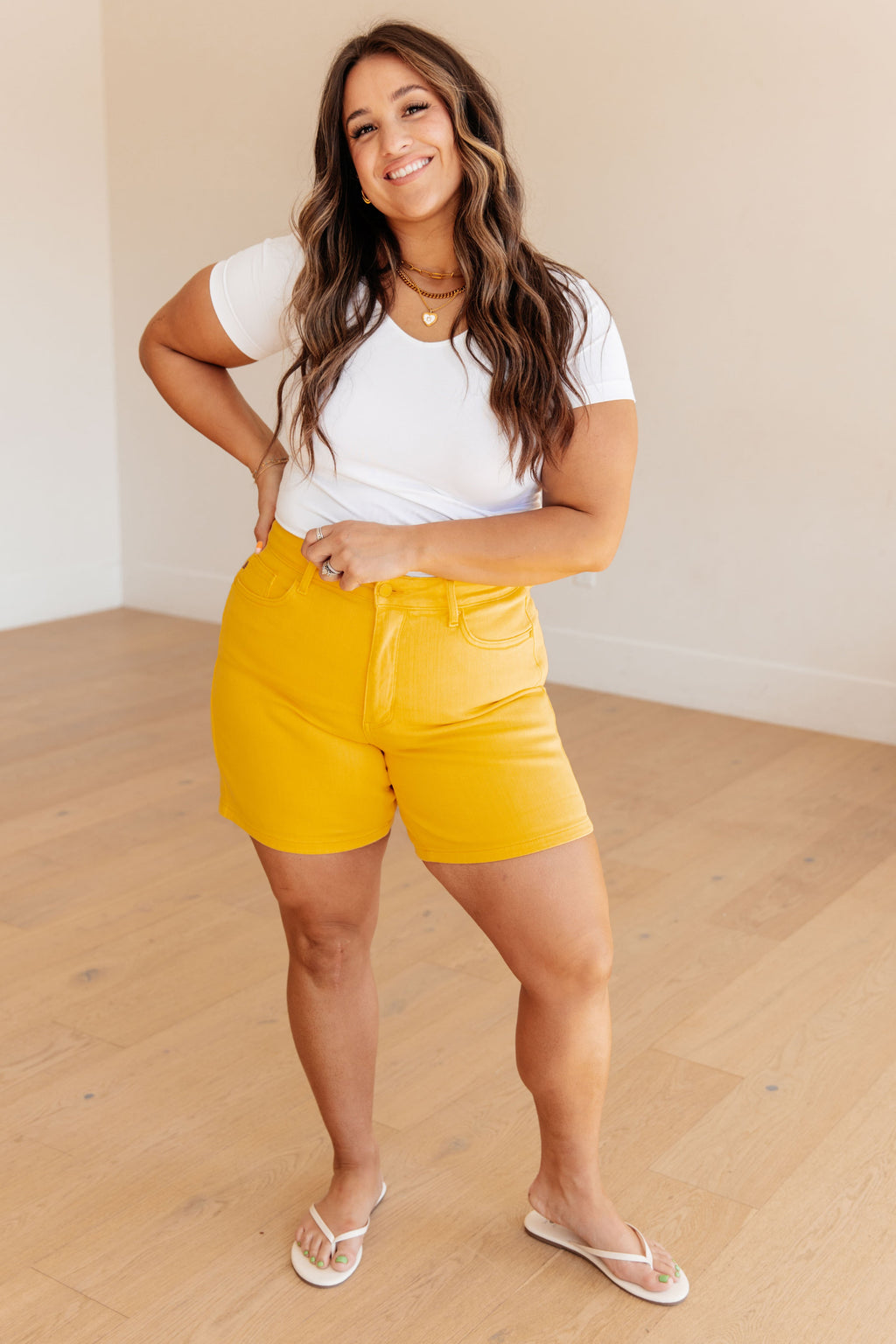 Hazel Blues® |  Jenna High Rise Control Top Cuffed Shorts in Yellow
