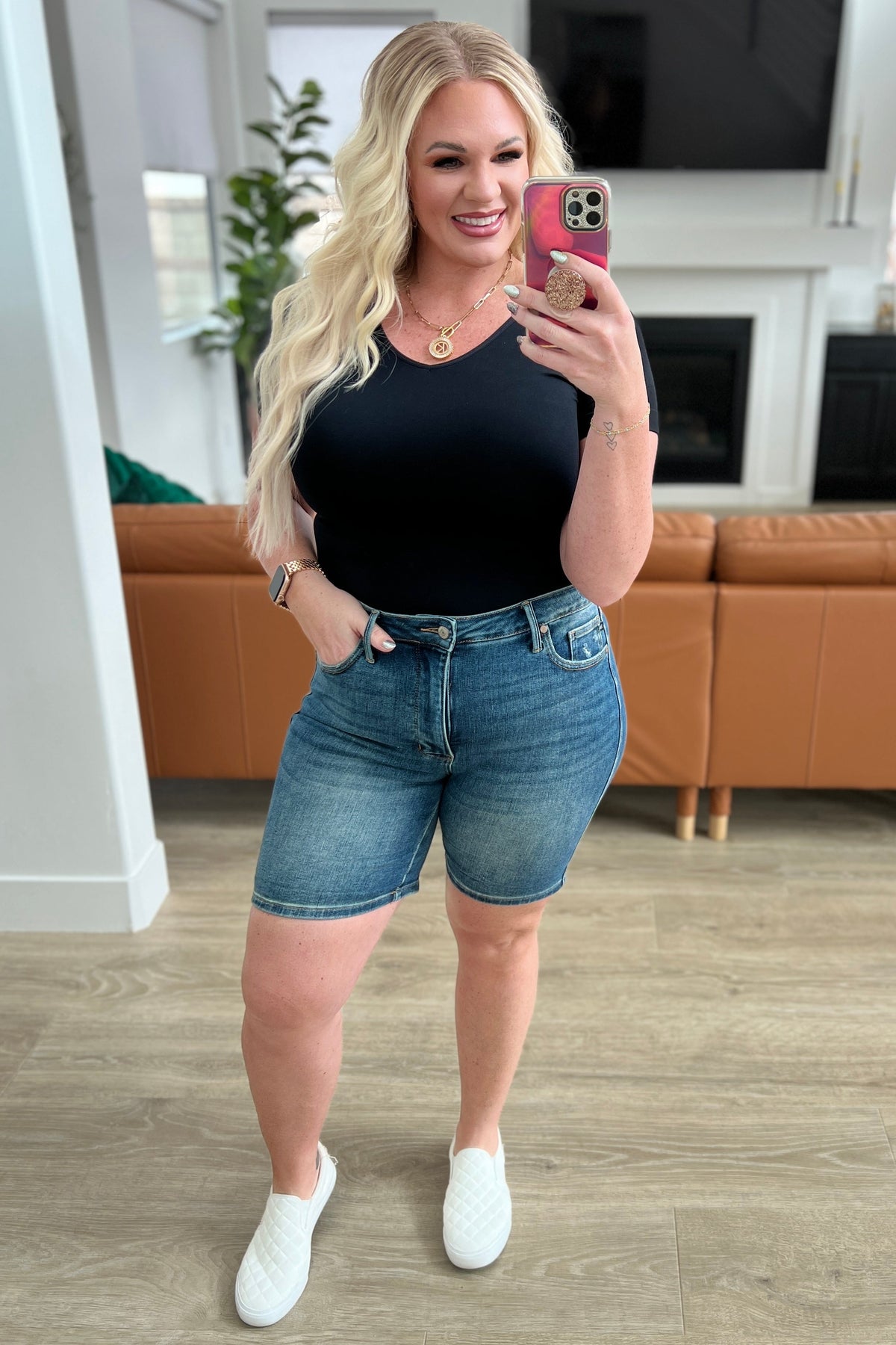 Hazel Blues® |  Jessica High Rise Control Top Vintage Wash Cuffed Shorts