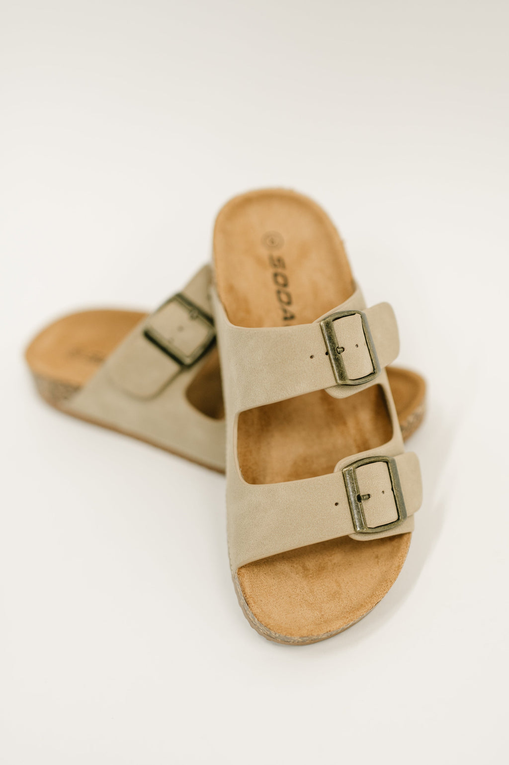 Hazel Blues® |  Jete Nubuck Double Buckle Slides in Light Taupe
