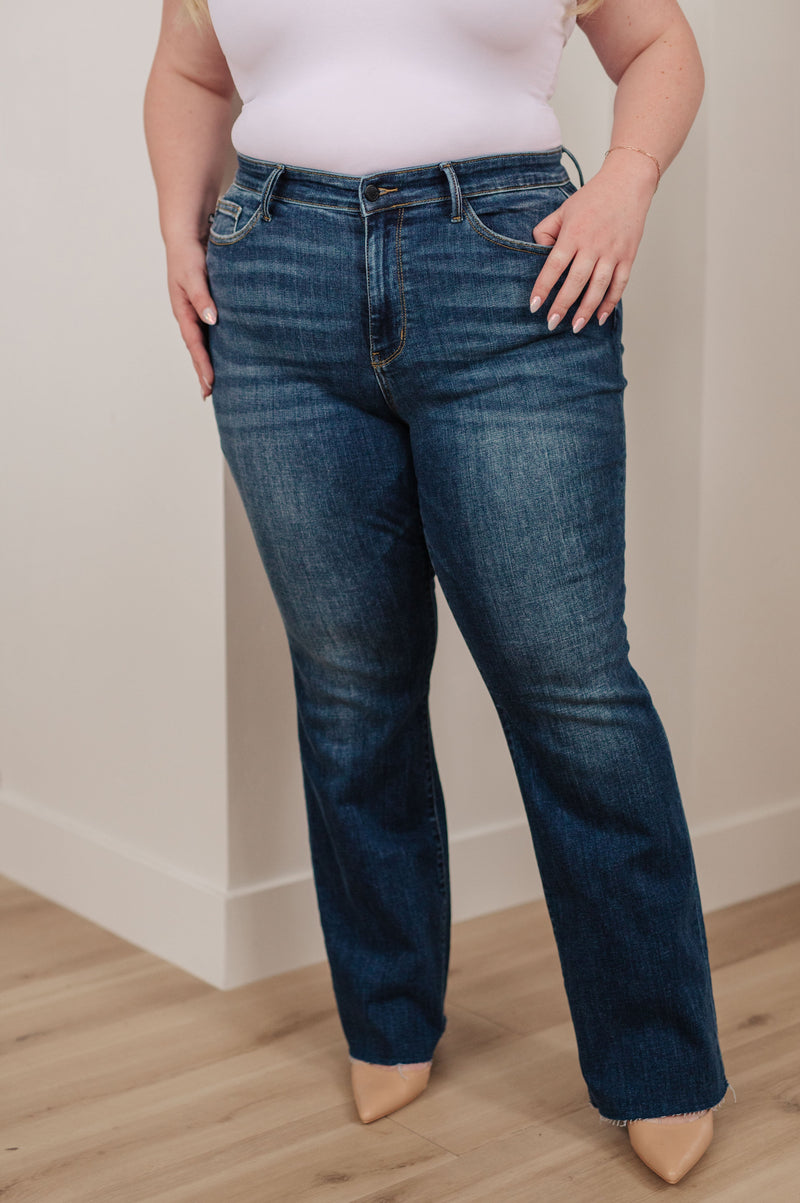 Hazel Blues® |  Josephine Mid Rise Raw Hem Bootcut Jeans