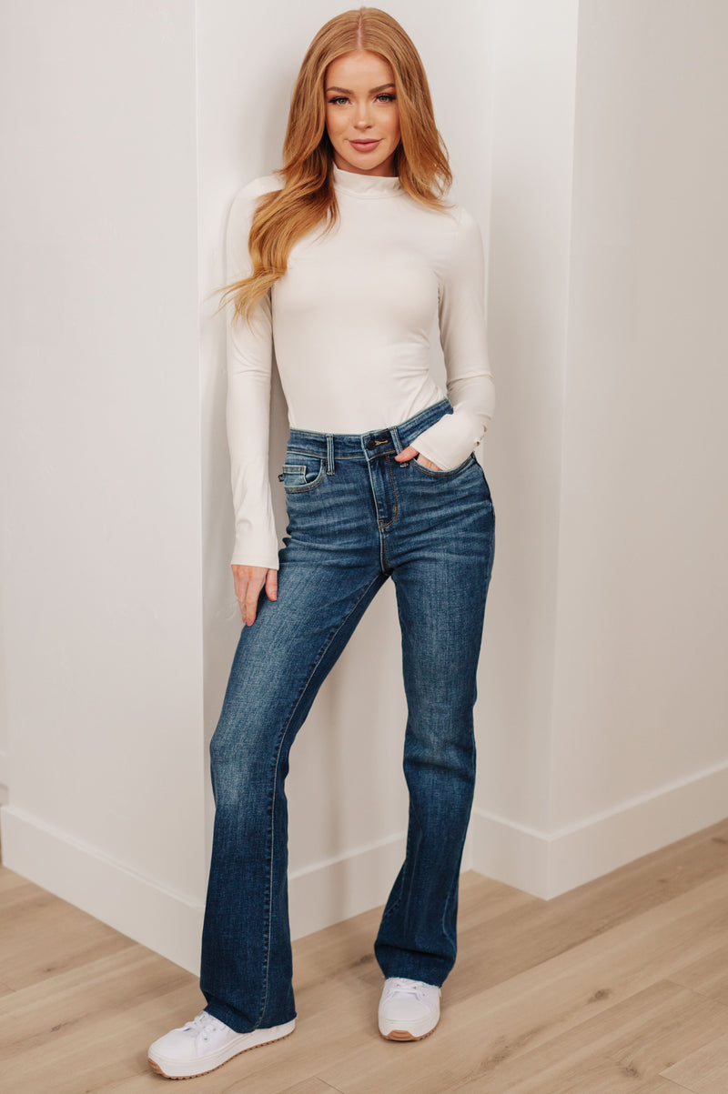 Hazel Blues® |  Josephine Mid Rise Raw Hem Bootcut Jeans