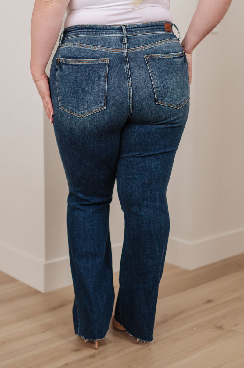 Hazel Blues® |  Josephine Mid Rise Raw Hem Bootcut Jeans