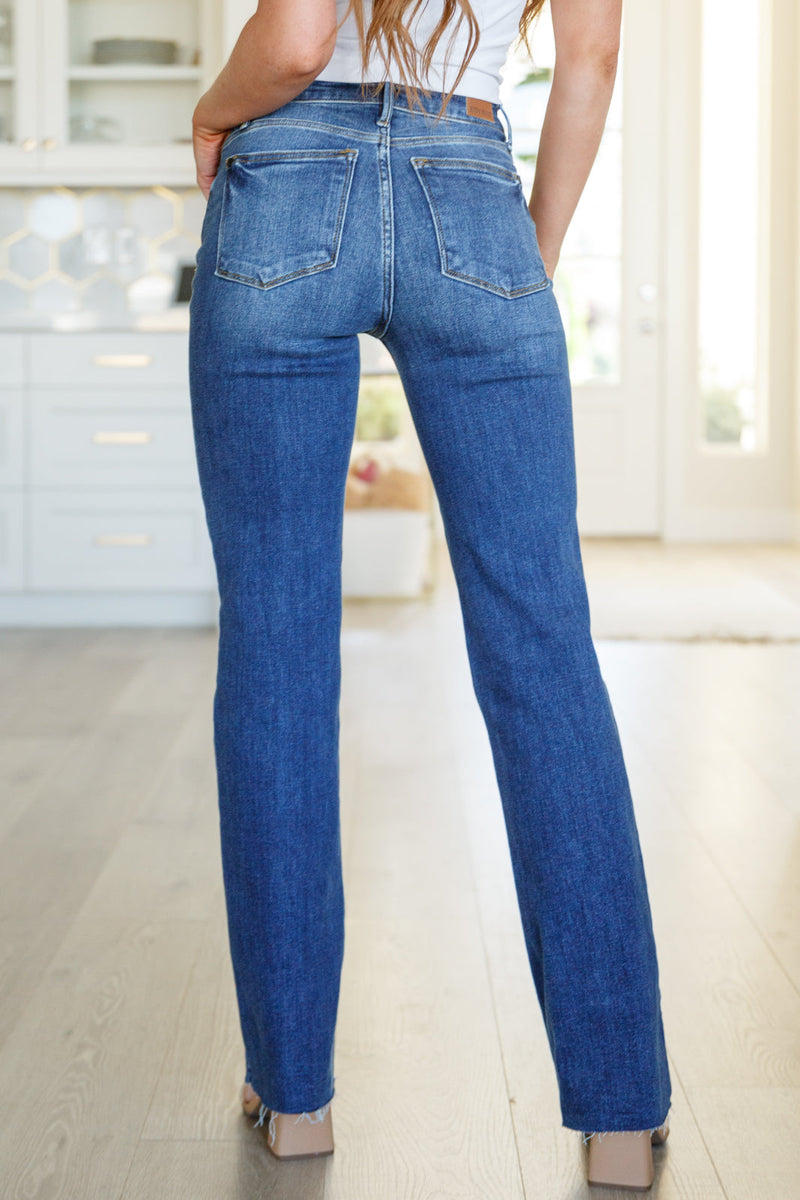 Hazel Blues® |  Josephine Mid Rise Raw Hem Bootcut Jeans