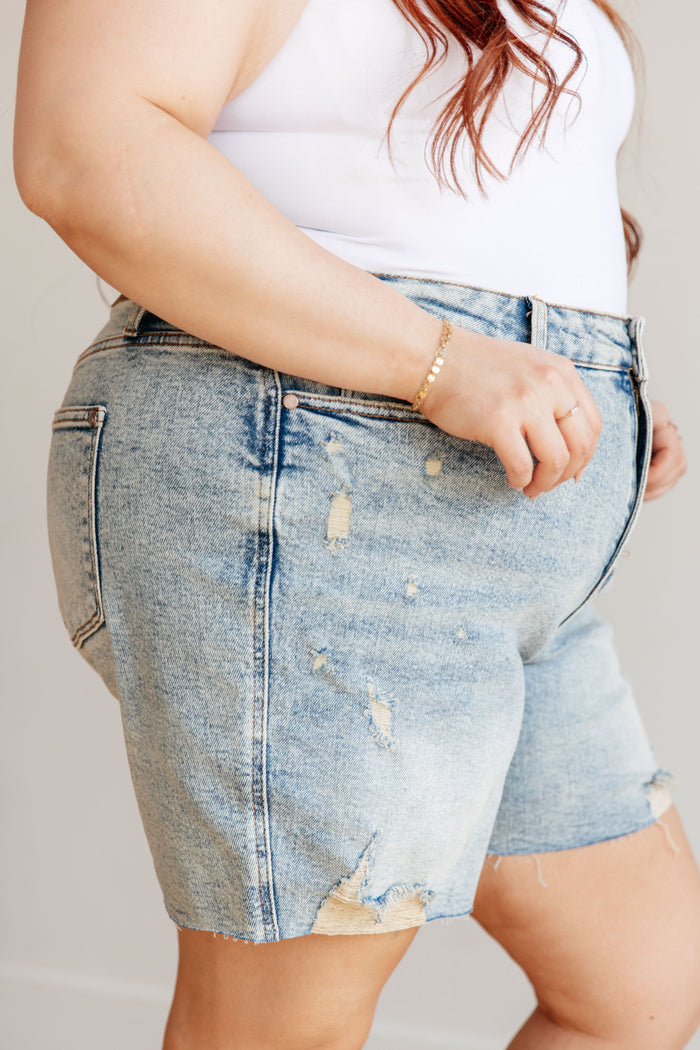 Hazel Blues® |  Cindy High Rise Mineral Wash Distressed Boyfriend Shorts