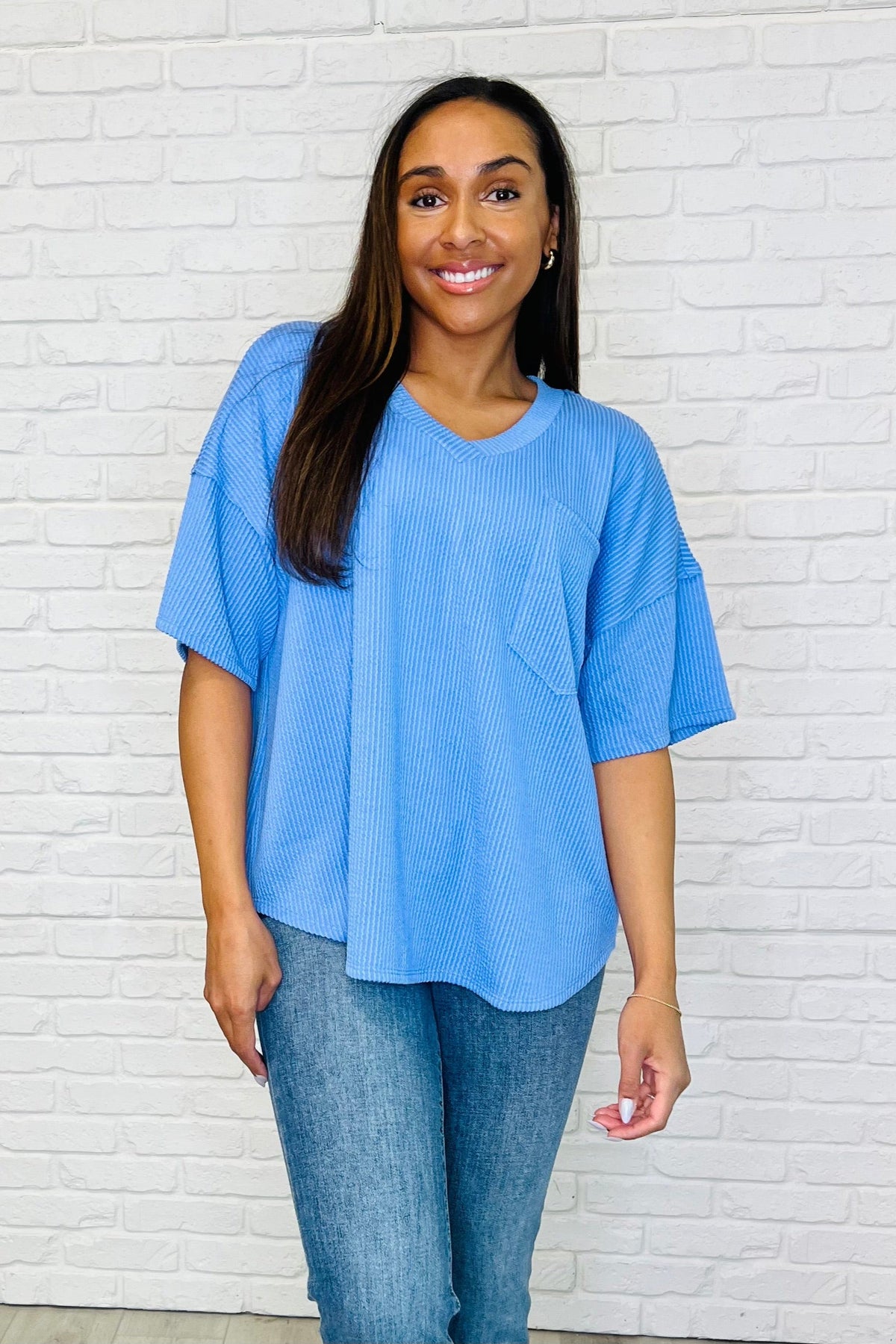 Just a Casual Girly V-Neck Basic Tee in Periwinkle Blue